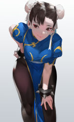 Rule 34 | 1girl, blazpu, blue dress, bracelet, breasts, brown eyes, brown hair, bun cover, capcom, china dress, chinese clothes, chun-li, clenched hand, double bun, dress, earrings, eyeliner, grey background, hair bun, hand on own hip, highres, jewelry, leaning forward, looking at viewer, makeup, nail polish, pantyhose, pelvic curtain, pink nails, puffy short sleeves, puffy sleeves, sash, short sleeves, side slit, simple background, smile, solo, spiked bracelet, spikes, standing, street fighter, street fighter ii (series), thighs