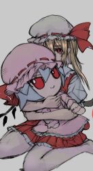 Rule 34 | 1girl, blonde hair, character doll, doll, flandre scarlet, fumo (doll), grey background, hat, hat ribbon, highres, holding, holding doll, mob cap, nio (meple nio), one-hour drawing challenge, puffy short sleeves, puffy sleeves, red eyes, red ribbon, red skirt, red vest, remilia scarlet, ribbon, short sleeves, simple background, sitting, skirt, skirt set, touhou, vest, wariza