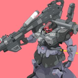 Rule 34 | arm at side, bazooka (gundam), bmwsb0, commentary, feet out of frame, glowing, glowing eye, gun, gundam, highres, holding, holding gun, holding weapon, machinery, mecha, mecha focus, mobile suit, mobile suit gundam, no humans, one-eyed, piston, red background, red eyes, rick dom, robot, science fiction, simple background, solo, standing, weapon