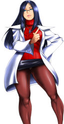 Rule 34 | 1girl, absurdres, aqua eyes, black hair, black skirt, brown pantyhose, capcom, commentary request, glasses, hand on own hip, highres, jewelry, justice gakuen, lab coat, long hair, minazuki kyouko, necklace, panties, panties under pantyhose, pantyhose, pleasure-treasure, pointing, red sweater, ribbed sweater, simple background, skirt, solo, sweater, turtleneck, turtleneck sweater, underwear, white background