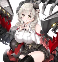 Rule 34 | 1girl, amamiya akira, azur lane, bare shoulders, belt, black hat, black skirt, boots, braid, breast pocket, breasts, clothing cutout, commentary request, cowboy shot, hat, highres, large breasts, long hair, looking at viewer, luetzow (azur lane), mini hat, nail polish, partial commentary, pocket, red nails, rigging, shirt, shoulder cutout, sitting, skirt, solo, steepled fingers, stuffed animal, stuffed toy, thigh boots, thighs, white background, white shirt