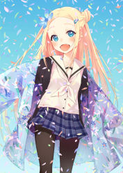 Rule 34 | 10s, 1girl, :d, bad id, bad pixiv id, black pantyhose, blonde hair, blue background, blue eyes, blush, fang, fangs, flower, hair flower, hair ornament, hairclip, hana n. fountainstand, hanayamata, japanese clothes, long hair, looking at viewer, mirei, neckerchief, open mouth, outstretched arms, pantyhose, petals, plaid, plaid skirt, pleated skirt, school uniform, serafuku, skirt, smile, solo, spread arms
