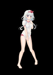 Rule 34 | 1girl, bad id, bad pixiv id, bare legs, barefoot, black background, blue eyes, blush, breasts, closed mouth, collarbone, full body, grey hair, hairband, highres, ifnil, large breasts, long hair, looking at viewer, original, simple background, smile, solo, twintails, wet, wet clothes