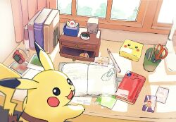 Rule 34 | :d, black eyes, blurry, book, card, commentary request, creatures (company), curtains, desk, game boy advance sp, game freak, gen 1 pokemon, handheld game console, looking back, nao (naaa 195), nintendo, no humans, notebook, open mouth, pencil, photo (object), pikachu, pokedex, pokemon, pokemon (creature), pokemon card, pokemon tcg, poketch, pokewalker, scissors, smile, solo, watch, window, wristwatch