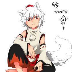 Rule 34 | 1girl, animal ears, bad id, bad pixiv id, crossed arms, dated, detached sleeves, hat, inubashiri momiji, looking at viewer, red eyes, shikushiku (amamori weekly), short hair, simple background, sitting, skirt, solo, tail, tokin hat, touhou, white background, white hair, wolf ears, wolf tail