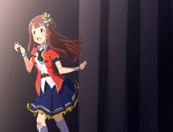 Rule 34 | 1girl, absurdres, brown hair, commentary request, crown, dress, highres, idolmaster, idolmaster million live!, idolmaster million live! theater days, long hair, microphone, mini crown, open mouth, shiny trinity (idolmaster), smile, solo, stage curtains, tanaka kotoha, wattsu
