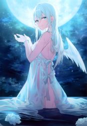 Rule 34 | 1girl, absurdres, ass, bare shoulders, blue eyes, blue hair, closed mouth, cloud, cloudy sky, earrings, feathered wings, fingernails, flower, full moon, highres, jewelry, lips, long hair, looking at viewer, looking back, moon, night, night sky, original, partially submerged, simple background, sky, smile, solo, star (sky), starry sky, thighs, toosaka asagi, water, wet, wet clothes, wings