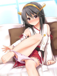 Rule 34 | 10s, 1girl, bare shoulders, barefoot, black hair, blush, bow, bow panties, brown eyes, detached sleeves, feet, frilled skirt, frills, hair ornament, hairband, hairclip, haruna (kancolle), haryuu (poetto), japanese clothes, kantai collection, long hair, nontraditional miko, panties, panty pull, pink panties, ribbon-trimmed sleeves, ribbon trim, skirt, smile, solo, toes, underwear