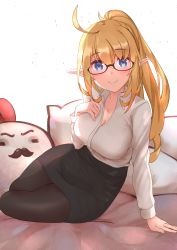 Rule 34 | 1girl, absurdres, ahoge, bad id, bad pixiv id, black pantyhose, blonde hair, blue eyes, blush, breasts, cleavage, commentary request, elach, elf, facial hair, glasses, hair between eyes, highres, large breasts, long sleeves, looking at viewer, mustache, office lady, original, pantyhose, pencil skirt, pointy ears, ponytail, semi-rimless eyewear, shirt, sitting, skirt, smile, solo, white shirt