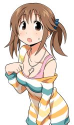 Rule 34 | 10s, 1girl, :o, anbe masahiro, breasts, brown eyes, brown hair, cleavage, dress, heart, heart necklace, idolmaster, idolmaster cinderella girls, jewelry, looking at viewer, loose clothes, md5 mismatch, necklace, off shoulder, resized, simple background, solo, striped clothes, striped dress, sweatdrop, tareme, totoki airi, twintails, white background