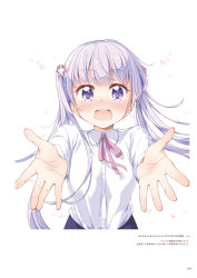 Rule 34 | 1girl, :d, blush, collared shirt, dress shirt, floating hair, hair ornament, highres, long hair, long sleeves, neck ribbon, new game!, official art, open mouth, page number, petals, pink ribbon, purple eyes, reaching, reaching towards viewer, ribbon, shirt, silver hair, smile, solo, suzukaze aoba, tokunou shoutarou, twintails, upper body, very long hair, white shirt, wing collar