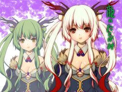 Rule 34 | 2girls, alternate color, antlers, black corset, black horns, black skirt, blonde hair, breasts, brown eyes, cleavage, closed mouth, collar, commentary request, corset, detached collar, detached sleeves, elemental master (ragnarok online), expressionless, fur-trimmed sleeves, fur trim, gem, green eyes, green hair, grey collar, highres, horns, long hair, looking at viewer, medium bangs, medium breasts, multicolored hair, multiple girls, pink hair, purple gemstone, ragnarok online, red hair, red horns, sidelocks, skirt, streaked hair, suzunono, translation request, upper body