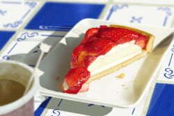 Rule 34 | cake, cake slice, coffee, cup, disposable cup, food, fruit, highres, original, pei (sumurai), plate, shadow, still life, strawberry, strawberry shortcake, sunlight, tile floor, tiles