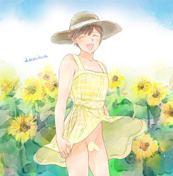 Rule 34 | 1boy, censored, closed eyes, clothes lift, crossdressing, dress, dress lift, flower, hat, lemicon, male focus, no panties, open mouth, original, penis, smile, solo, sunflower, testicles, trap, yellow dress