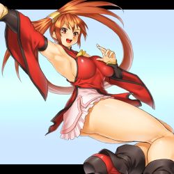 Rule 34 | 1girl, arc system works, armpits, breasts, brown eyes, brown hair, china dress, chinese clothes, dress, guilty gear, kuradoberi jam, large breasts, legs, letterboxed, long hair, onsoku inu, solo, thighs