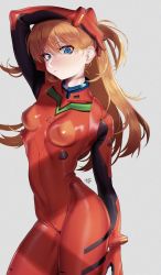 Rule 34 | 1girl, absurdres, arm up, blue eyes, bodysuit, breasts, closed mouth, covered erect nipples, curvy, grey background, hair between eyes, highres, long hair, looking at viewer, medium breasts, nanja, neon genesis evangelion, orange hair, plugsuit, red bodysuit, shade, shiny clothes, signature, simple background, solo, souryuu asuka langley, wide hips