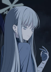 Rule 34 | 1girl, angry, bandaged arm, bandaged hand, bandages, blue archive, closed mouth, dark background, grey eyes, grey hair, gun, halo, haori, highres, japanese clothes, long hair, looking to the side, nagusa (blue archive), shiina (shiina c), solo, tagme, tears, upper body, weapon