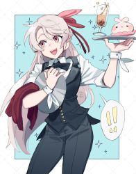 Rule 34 | !, !!, 1girl, black neckwear, blush, blush stickers, braid, bubble tea, butler, cup, female butler, formal, grey hair, hair between eyes, highres, holding, holding plate, jin gingin, long hair, open mouth, original, pant suit, pants, patterned, patterned background, pink eyes, plate, signature, smile, solo, sparkle, speech bubble, suit, teeth, tongue, upper teeth only, very long hair