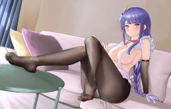 Rule 34 | 1girl, absurdres, apron, arm support, blunt bangs, blush, braid, breasts, brown pantyhose, couch, dutch angle, elbow gloves, flower, frilled apron, frills, full body, genshin impact, gloves, hair flower, hair ornament, hair ribbon, highres, indoors, large breasts, long hair, looking to the side, naked apron, no shoes, panties, panties under pantyhose, pantyhose, purple eyes, purple hair, raiden shogun, ribbon, rosumerii, sideboob, sidelocks, single braid, solo, toes, twitter username, underwear, white panties