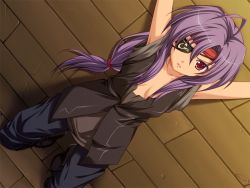 Rule 34 | 1girl, breasts, chain, chained, chain, daimosu (marionette zero), eyepatch, game cg, gender request, genderswap, headband, marionette (series), marionette zero, purple hair, red eyes