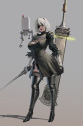 Rule 34 | 1girl, black blindfold, black dress, black footwear, black gloves, black hairband, blindfold, boots, breasts, chain, commentary, covered erect nipples, covered eyes, dress, english commentary, facing viewer, feather-trimmed sleeves, floating, floating object, floating sword, floating weapon, full body, gloves, grey background, hair between eyes, hairband, high heel boots, high heels, highres, holding, holding sword, holding weapon, jeneral, juliet sleeves, katana, large breasts, lips, long sleeves, mole, mole under mouth, nier (series), nier:automata, open mouth, pod (nier:automata), puffy sleeves, shadow, short hair, silver hair, simple background, standing, sword, teeth, thigh boots, thighhighs, two-tone gloves, upper teeth only, weapon, white gloves, 2b (nier:automata)