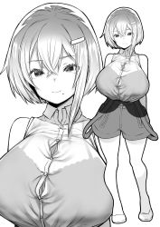 Rule 34 | 1girl, absurdres, bare shoulders, breasts, commentary request, eyelashes, greyscale, hair ornament, hairclip, happy, highres, kuuneru (ojigi), large breasts, looking at viewer, mole, mole under mouth, monochrome, original, short hair, simple background, smile, solo, standing, white background