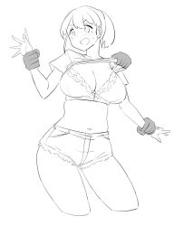 Rule 34 | 1girl, bra, breasts, cleavage, clothes lift, cowboy shot, cutoffs, disembodied hand, intrepid (kancolle), kantai collection, large breasts, lineart, monochrome, ponytail, restrained, shirt, shirt lift, short hair, short shorts, shorts, t-shirt, tamu (mad works), underwear