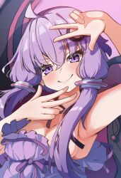 Rule 34 | 1girl, absurdres, armpit peek, artist name, blush, breasts, cleavage, dress, hair ornament, hand on own chin, highres, komakusa roha, looking at viewer, purple dress, purple eyes, purple hair, purple ribbon, ribbon, salute, short hair with long locks, sideboob, small breasts, smile, smug, solo, two-finger salute, vocaloid, voiceroid, yuzuki yukari