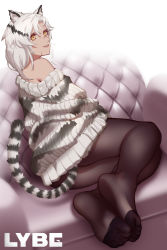 Rule 34 | 1girl, absurdres, animal ear fluff, animal ears, arknights, black pantyhose, couch, feet, highres, indra (arknights), lybe, pantyhose, scar, scar on face, short hair, silver hair, smile, soles, sweater, tail, tiger ears, tiger girl, yellow eyes