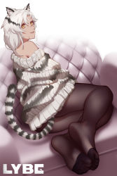 1girl absurdres animal_ear_fluff animal_ears arknights black_pantyhose couch feet highres indra_(arknights) lybe pantyhose scar scar_on_face short_hair silver_hair smile soles sweater tail tiger_ears tiger_girl yellow_eyes