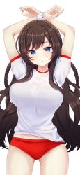 Rule 34 | 1girl, absurdres, arm over head, arms up, blue eyes, breasts, brown hair, buruma, character request, commentary, copyright request, cowboy shot, gluteal fold, gym shirt, gym uniform, highres, kano (wi3028), large breasts, long hair, looking at viewer, parted lips, red buruma, red shorts, shirt, short sleeves, shorts, simple background, solo, sportswear, thighs, white background, white shirt, wristband