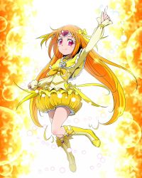 Rule 34 | 10s, 1girl, arm up, boots, bow, brooch, bubble skirt, choker, circlet, cure muse, cure muse (yellow), dress, eyelashes, full body, hair ribbon, jewelry, jumping, knee boots, long hair, magical girl, orange hair, precure, purple eyes, ribbon, shirabe ako, skirt, smile, solo, star (symbol), suite precure, tj-type1, twintails, yellow background, yellow bow, yellow skirt, yellow theme