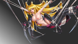 Rule 34 | 1girl, ahoge, arachne, arthropod girl, bdsm, blonde hair, body pairing, breasts, bzs (kage no shinobu), collarbone, commentary request, cursed armor ii, insect girl, large breasts, long hair, looking at viewer, monster girl, navel, nipples, nude, open mouth, original, red eyes, restrained, shiny skin, silk, simple background, spider girl, spider web, taur, teeth, upper teeth only, very long hair