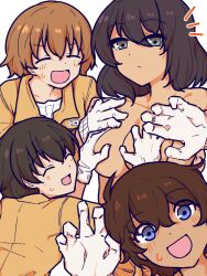 Rule 34 | 4girls, black hair, blue eyes, bob cut, breasts, brown hair, closed eyes, closed mouth, commentary, covering another&#039;s breasts, dark-skinned female, dark skin, facing back, facing viewer, freckles, frown, girls und panzer, gloves, green eyes, half-closed eyes, hoshino (girls und panzer), jumpsuit, long sleeves, looking at viewer, medium breasts, multiple girls, nakajima (girls und panzer), notice lines, open mouth, orange jumpsuit, suzuki (girls und panzer), sweatdrop, topless, tsuchiya (girls und panzer), wavy hair, white gloves, zannen hero