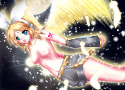 Rule 34 | 1girl, angel wings, blonde hair, blue eyes, bow, breasts, collarbone, detached sleeves, feathers, flying, hair bow, headset, kagamine rin, looking at viewer, moon, night, night sky, nipples, nohoho (kakikonchi), open mouth, shorts, sky, solo, topless, vocaloid, wings