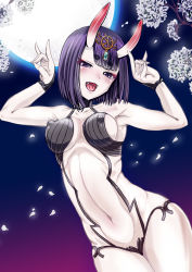 Rule 34 | 1girl, blush, branch, breasts, covered erect nipples, fangs, fate/grand order, fate (series), fox shadow puppet, full moon, hair ornament, highres, horns, kumoi takashi, looking at viewer, medium breasts, moon, navel, oni, open mouth, pale skin, petals, purple eyes, purple hair, short hair, shuten douji (fate), skin-covered horns, smile, solo