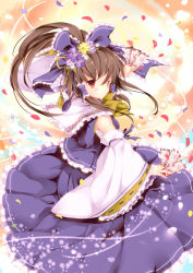Rule 34 | 1girl, alternate color, between fingers, blush, bow, brown eyes, brown hair, dancing, detached sleeves, embellished costume, female focus, flower, hair flower, hair ornament, hakurei reimu, holding, japanese clothes, light particles, long hair, miko, ofuda, outstretched arms, petals, player 2, ribbon, sarashi, skirt, solo, spread arms, tassel, touhou, wataame27