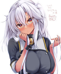 Rule 34 | 1girl, absurdres, artist name, blush, breasts, brown eyes, closed mouth, dark-skinned female, dark skin, dated, glasses, hair between eyes, highres, kantai collection, large breasts, long hair, mashiro yukiya, musashi (kancolle), musashi kai ni (kancolle), rimless eyewear, signature, silver hair, simple background, solo, twintails, twintails day, upper body, white background