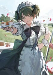 Rule 34 | 1girl, apron, back bow, black bow, black bowtie, blue sky, bow, bowtie, breasts, buttons, cloud, cupcake, food, frilled shirt, frills, green bow, green eyes, green hair, green skirt, grin, hand on own hip, hand up, highres, holding, holding tray, idolmaster, idolmaster shiny colors, looking at viewer, maid headdress, medium breasts, nanakusa nichika, outdoors, petals, puffy short sleeves, puffy sleeves, shirt, short hair, short sleeves, short twintails, sidelocks, skirt, sky, smile, smug, solo, table, tray, twintails, v-shaped eyebrows, waist apron, white apron, white shirt, wrist cuffs, zhili xingzou