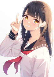 Rule 34 | 1girl, absurdres, black hair, blush, brown hair, commentary request, crying, from side, highres, long hair, long sleeves, looking at viewer, mole, mole on neck, neckerchief, ochiai miyabi, original, red neckerchief, sailor collar, school uniform, serafuku, simple background, solo, upper body, v, white background