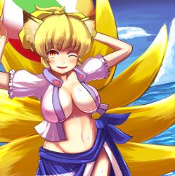Rule 34 | 1girl, adapted costume, alternate hairstyle, animal ears, arms up, bad id, bad pixiv id, ball, blonde hair, blue skirt, breasts, carrying overhead, fox ears, highres, impossible clothes, large breasts, multiple tails, nanahi toshi, navel, no bra, ocean, one eye closed, open clothes, open shirt, orange eyes, ponytail, puffy short sleeves, puffy sleeves, shirt, short sleeves, side slit, skirt, skirt set, sky, smile, solo, sweat, tail, touhou, wide hips, wink, yakumo ran