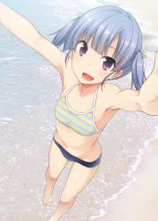 Rule 34 | 1girl, :d, armpits, arms up, bare legs, barefoot, beach, bikini, blue hair, breasts, collarbone, foreshortening, from above, highres, kantai collection, looking at viewer, nagami yuu, navel, non-web source, ooshio (kancolle), open mouth, outdoors, outstretched arms, purple eyes, short twintails, small breasts, smile, solo, swimsuit, tankini, twintails, wading