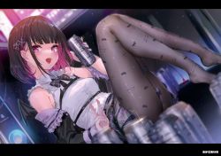 Rule 34 | 1girl, absurdres, alcohol, artist request, bare shoulders, beer can, black hair, blurry, blurry background, bow, bow print, breasts, buttons, can, detached sleeves, drink can, earrings, fake wings, fingernails, frills, hair ornament, highres, holding, indie virtual youtuber, jacket, jewelry, letterboxed, long sleeves, looking at viewer, mini wings, multicolored hair, off shoulder, open clothes, open jacket, open mouth, pantyhose, pink eyes, pink hair, rikotan (vtuber), scan, shiny clothes, shirt, short hair, simple background, single earring, sitting, skirt, small breasts, smile, solo, teeth, two-tone hair, upper body, v, virtual youtuber, wings