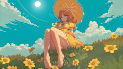 Rule 34 | 1girl, barefoot, blue sky, blush, breasts, brown hair, cloud, cloudy sky, crown, day, dress, earrings, eyelashes, feet, flower, frilled dress, frills, full body, hand up, highres, holding, holding umbrella, itzah, jewelry, knees together feet apart, legs, long hair, mario (series), medium breasts, nintendo, orange dress, outdoors, panties, parasol, partially visible vulva, pixel art, princess daisy, puffy short sleeves, puffy sleeves, purple panties, short sleeves, sitting, sky, smile, solo, sunflower, thighs, toenails, toes, umbrella, underwear