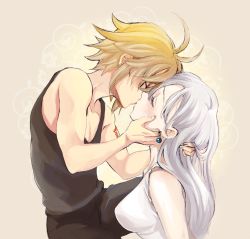 Rule 34 | 10s, 1boy, 1girl, blonde hair, blush, cika, closed eyes, earrings, elizabeth liones, height difference, hetero, highres, jewelry, kiss, meliodas, nanatsu no taizai, shirt, silver hair, simple background, single earring, sleeveless, sleeveless shirt, tank top, tears, teenage girl and younger boy, toned, toned male