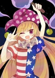 Rule 34 | 1girl, absurdres, american flag dress, arm up, artist name, black sky, blonde hair, blush, clownpiece, dress, fairy wings, fire, hair between eyes, hands up, hat, highres, jester cap, long hair, looking at viewer, neck ruff, night, night sky, one eye closed, open mouth, polka dot, pom pom (clothes), purple eyes, purple fire, purple hat, short sleeves, sky, smile, solo, standing, star (sky), star (symbol), star print, starry sky, striped clothes, striped dress, tomomasa (coralsea23), tongue, torch, touhou, wings