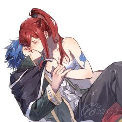 Rule 34 | 1boy, 1girl, animal ears, arm tattoo, bare arms, bare shoulders, black cape, black pants, blue hair, blush, breasts, cape, cat ears, chest sarashi, cleavage, closed eyes, colored skin, erza scarlet, facial tattoo, fairy tail, fairy tail logo, green jacket, hand grab, high collar, high ponytail, highres, jacket, jellal fernandes, jyukawa, kiss, long hair, lying on person, medium breasts, pants, red eyes, red hair, red pants, sarashi, shirt, shirt grab, short hair, simple background, surprised, tattoo, teeth, white background, white skin