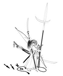 Rule 34 | 1girl, arrow (projectile), bow, closed mouth, commentary request, empty eyes, from side, frown, greyscale, hair bow, hakama, highres, holding, holding polearm, holding sword, holding weapon, huge weapon, isekai samurai, japanese clothes, juumonji yari, katana, kimono, kunai, kusarigama, long hair, looking at viewer, looking to the side, messy hair, monochrome, nagamaki, naginata, polearm, ponytail, profile, quiver, ringed eyes, saitou1218, samurai, sandals, scar, scar on face, scar on nose, sheath, sheathed, short sleeves, shoulder strap, shuriken, sickle, simple background, solo, spear, standing, sword, tabi, too many weapons, tsukitsuba ginko, weapon, weapon on back, wide-eyed, wide shot, yari, yukata, yumi (bow), zouri