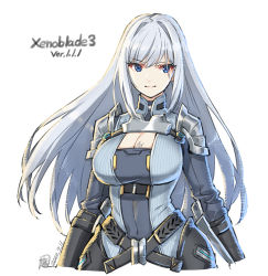 Rule 34 | 1girl, armor, blue eyes, bodysuit, breasts, chest tattoo, cleavage, closed mouth, commentary request, cropped torso, dated, ethel (xenoblade), grey bodysuit, grey hair, large breasts, light smile, long hair, looking at viewer, official art, saitou masatsugu, shoulder armor, simple background, solo, tattoo, white background, xenoblade chronicles (series), xenoblade chronicles 3