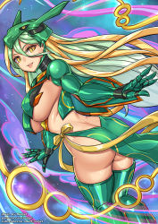 Rule 34 | 1girl, armor, ass, blonde hair, breasts, butt crack, creatures (company), game freak, gen 3 pokemon, green hair, hair between eyes, large breasts, legendary pokemon, long hair, mecha musume, multicolored hair, nintendo, open mouth, personification, pokemon, rayquaza, redjet, sky, slit pupils, smile, solo, thighhighs, two-tone hair, underboob, yellow eyes